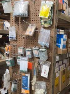 Pegboard Wall Lot - Wiring Spacer Shim, Screws, Nuts, Assorted Machine Screws, Dottie Ground Screw, Wall Plates, Heat Shrink UF Splice Kit, Misc. Hardware