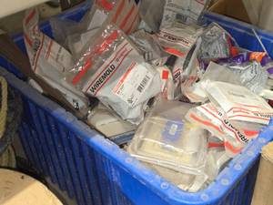 Lot of (1 Bin) Commercial Electrical Supplies - Wiremold Ratchet-Pro PVC Outlet Box Adjusting Ring, Wiremold 7 Digit #1008009, Straps, Wiremold On Wall PVC Outlet Kit and more