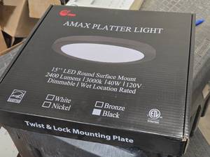 Lot of (1 Box) Amax Platter Light 15 LED Round Surface Mount 2400LM 3000K 40W 120V Dimmable Wet Location Black LED-5M15DL-BLK-W