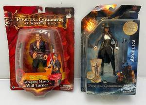 Two Vintage Pirates Of The Caribbean Action Figures Including Weapons Master Will Turner And  Angelica (Both New On Card) Cards beat Up