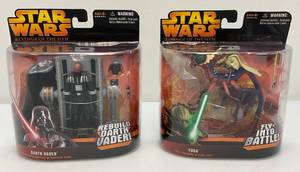 Two STAR WARS Revenge Of The Sith Fly Into Battle (Yoda) And Rebuild Darth Vader Collectible Action Figures (New In Box)