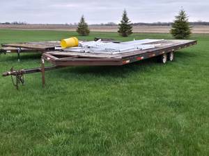 Flatbed Trailer with Dual Axle and Wood Deck & Ramp - Will need new decking soon - Contents on Top NOT Included - Approx. 27 long, 85.5 wide