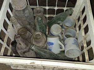 Vintage Glass Bottles and Coffee Mugs Including First State Bank Lake LIllian Mug