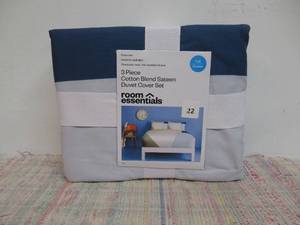 FullQueen Cotton Blend Sateen Duvet Cover and Sham Set IvoryLight BlueKhaki Geo