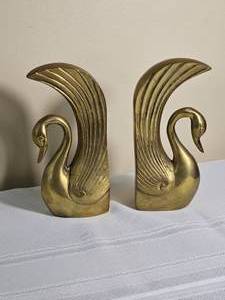 Hollywood Regency Brass Swan Bookends