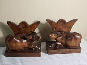 Carved Wooden Water Buffalo Bookends