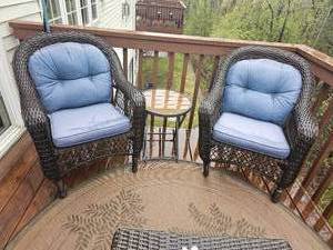 Windsor Back Wicker Armchair Pair with Side Table