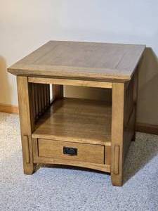 Mission Style Wood End Table with Drawer and Shelf - A