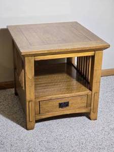 Mission Style Wood End Table with Drawer and Shelf - B