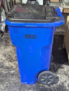 Large Uline Blue Rolling Trash Can - 65 Gallon