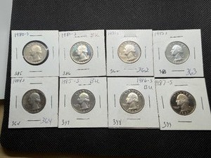 1980 S -1987 S Washington Quarters Some Marked BU (8 Coins)