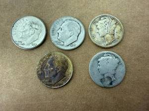 Silver Dimes - 2 Mercury & 3 Roosevelt