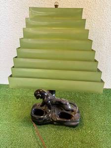Vintage1950s Ceramic Black Panther Lamp with Green Metal Shade - Mid Century Modern