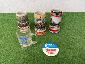 Budweiser Steins, Hamms Beer Button & Olympia Mug