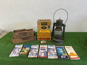 Mixed Vintage Lot - Lantern, Service Station Maps, Cigar Boxes