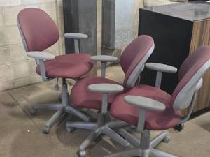 Lot of (3) Rolling Office Armchair  Adjustable Height  Red Padded Seat  Gray Frame