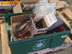 Lot of (1 Bin) Miscellaneous Parts and Hardwares - Lug Nut Covers, Cables, Fittings, Collated Nails