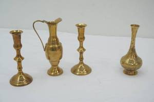 Vintage Small Brass Pitcher, Pair of Brass Candlestick Holders, Etched Brass Vase