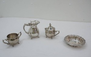 Vintage Barbour Silver Co. Creamer Pot, Vintage Silver-Plate Open Sugar, Vintage Silver-Plate Covered Creamer, Vintage Avon Silver-Plate Italy Etched Dish