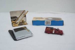 Cigarette Case wlighter and leather sleeve golf ball monogrammer, diecast fire truck, silver and gold toned golf letter holder