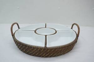 Woven rattan divided dish serving tray (white ceramic dishes)