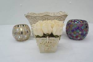 Mosaic Glass Candle Holders, Silk Rose Decor, Metal Planter