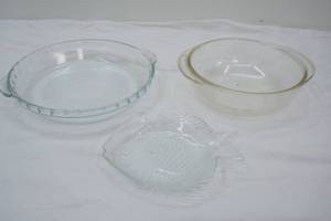 Glasbake Pie Plate, Pyrex Casserole, Clear Glass Fish Dish