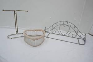 Metal Shelf wglass insert, heart basket, hand towel holder