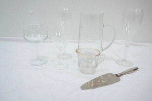 Vintage Bartlett Collins Frosted Grapes Gold Rimmed Creamer Etched Clear Glass 25th Anniversary Pitcher and other etched glass pieces