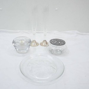 Vintage Silver Weighted Etched Clear Glass Bud Vases, Flower Frog and More
