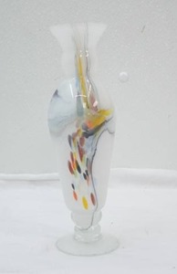 Vintage Hand-Blown Art Glass Vase. White Base wMulticolored Swirl Pattern 9 tall