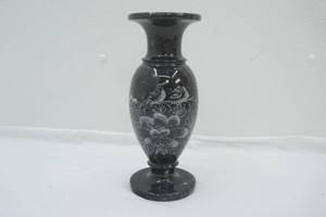 Vintage Black Marble Vase whand-etched design. 10.25 tall by 4 diameter lip