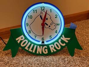 Rolling Rock Neon Clock - 12 Inch Round Lighted Sign with Blue Neon Ring