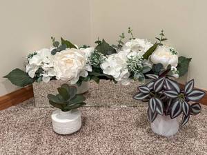 Artificial White Hydrangea Bouquet with Eucalyptus in Two White Ceramic Vases