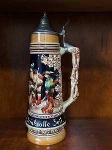 German Beer Stein with Pewter Lid - Hand Painted Scene, In Freud Und Leid