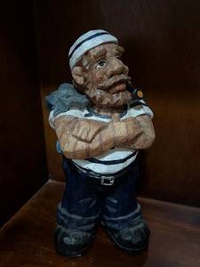 Hand-Carved Wooden Sailor Figurine with Pipe on Base