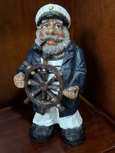 Hand Carved Wooden Nautical Captain Figurine with Ship Wheel - Made in China