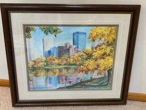 Framed Cityscape Painting with Autumn Trees - Signed Lower Left
