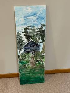 Original Forest Cabin Landscape Painting on Canvas - Folk Art Style