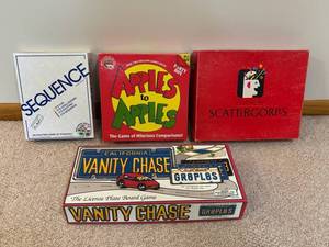 Sequence, Apples to Apples, Scattergories & Vanity Chase Board Games (Lot of 4)