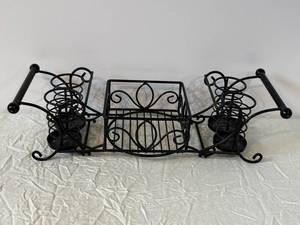 Wrought Iron Plant Stand with Scrollwork and Central Grid Shelf