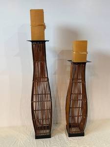 Pair of Woven Floor Sculptures on Black Bases with Cardboard Boxes