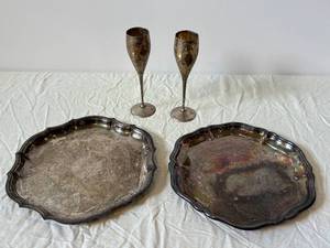International Silver Co. Silver Plate Champagne Flutes & Engraved Trays (Lot of 4)