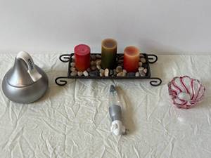Decorative Lava Lamp Centerpiece with Three Pillar Candles on Pebble Tray