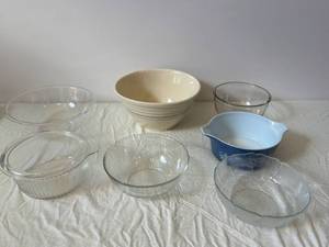 Assorted Glass Bowls & Striped Ceramic Mixing Bowl - Clear Glass, Blue Floral & Blue Bowls