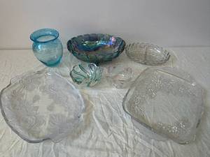 Iridescent Carnival Glass Vase & Rainbow Bowl with Clear Floral Dishes - Assorted Glassware