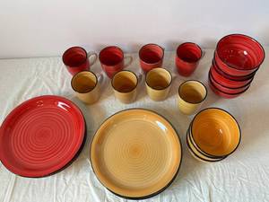 Gibson Home Dinnerware Set - Red and Yellow Swirl Mugs, Bowls & Plates