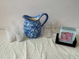 Blue Speckled Ceramic Pitcher with Frosted Glass Vases & Mint Green Photo Frames