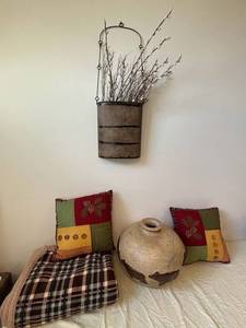 Artisan Mexican Hanging Planter with Pussy Willow Branches - Rustic Metal Wall Basket