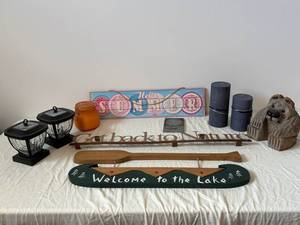 Rustic Outdoor Decor Lot - Lanterns, Bear Sculpture, Hello Summer Sign, Lake Signs & Nature Plaque